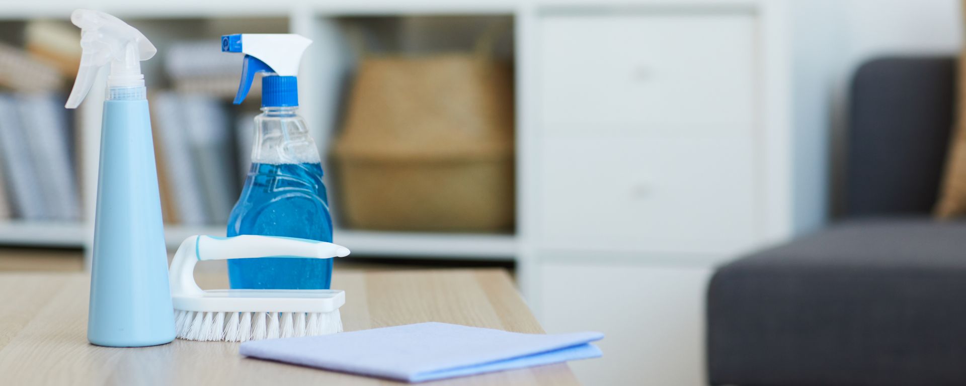 Image of cleaning products on the table preparing for housework