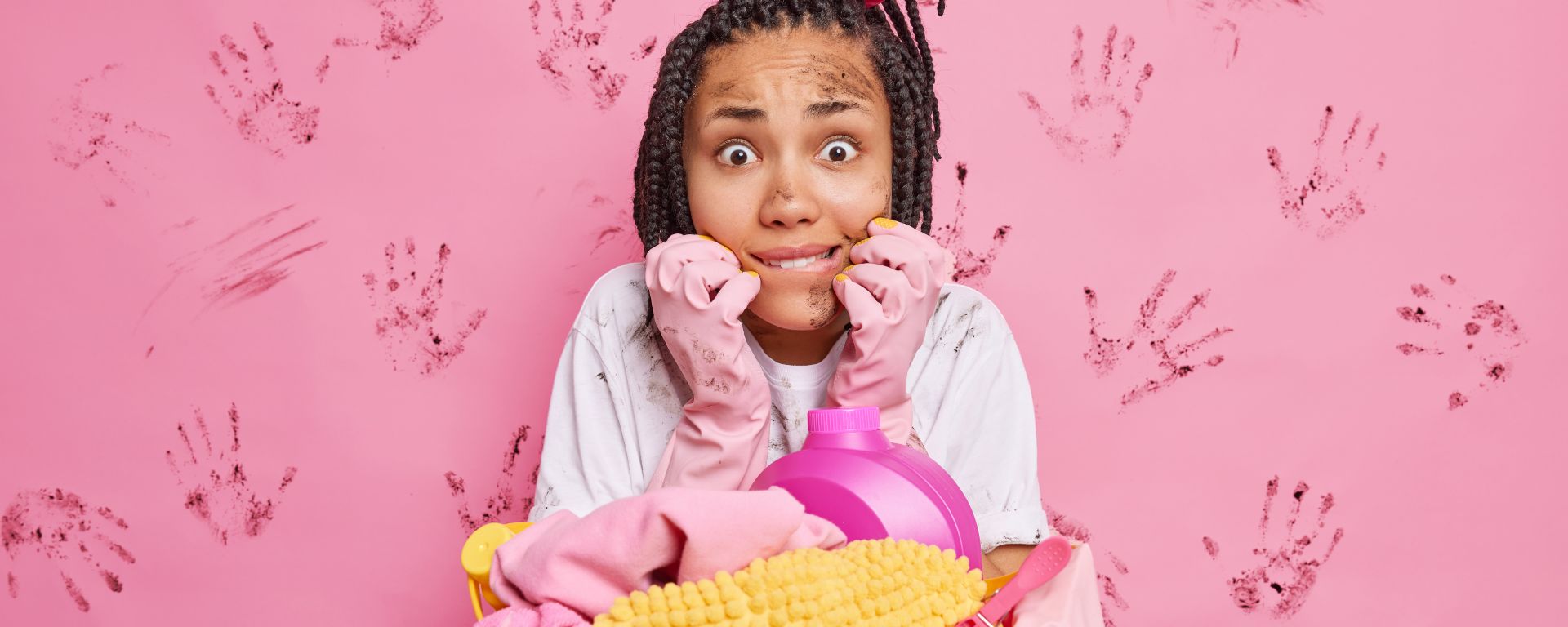 Woman with a fearful expression while cleaning