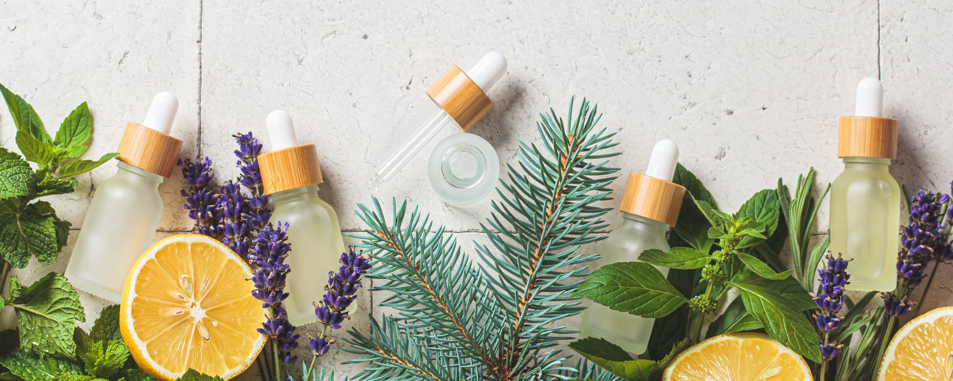 Essential oils of lavender, spruce, lemon, and mint in glass bottles, amongst fresh ingredients.